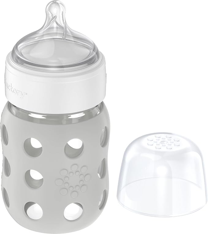 Lifefactory 8-Ounce Wide Neck Glass Baby Bottle with Protective Silicone Sleeve and Stage 2 Nipple, Stone Grey (LG2211WCG4)