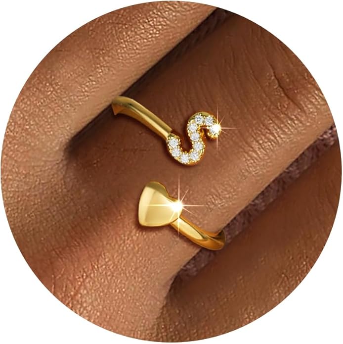 Gold Initial Rings for Women Girls, Dainty 14K Gold Plated Adjustable Initial Rings Cute Heart Zirconia Ring for Women Teen Girl Gifts