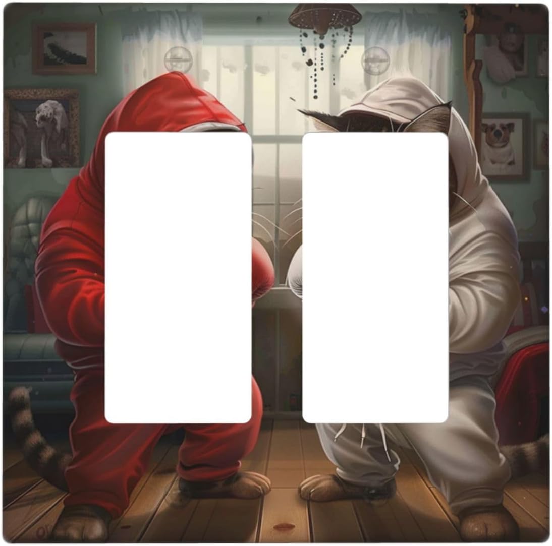 Decorative Outlet Covers Funny Red Boxing Cats White Tomcat 2 Gang Wall Plate Double Rocker Two Switch Wall Cover Plate Light Switch Cover Plate Faceplate for Bedroom Home Decor