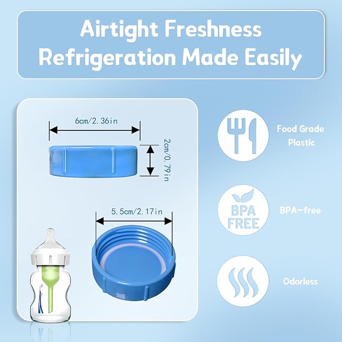 4pcs Wide Bottle Caps Compatible for Wide-Neck Natural Flow Dr Brown Bottles,BPA Free Travel and Storage Baby Bottle Lids Replacement Parts with Sealing Gasket for Baby Bottles Accessory (Blue)