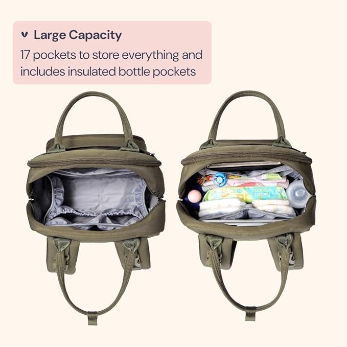 BabbleRoo Diaper Bag Backpack - Baby Essentials Travel Tote - Multi Function Waterproof Diaper Bag, Travel Essentials Baby Bag with Changing Pad, Stroller Straps & Pacifier Case - Unisex, Army Green