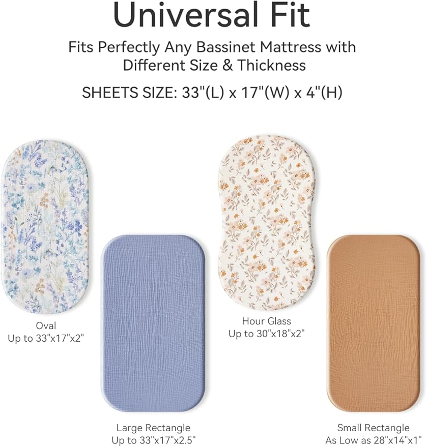 TILLYOU Muslin Bassinet Sheets for Baby Boys Girls 3 Pack, Soft Breathable Elastic Cotton Bassinet Mattress Sheets, Fit Hourglass Oval Rectangle Cradle Mattress, 33"X17",Blue Flower