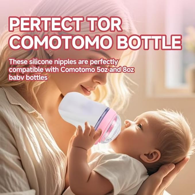 4 Pack Replacement Silicone Nipples Compatible with Comotomo 5oz / 8oz Bottle, Fast Flow, 6+ Months