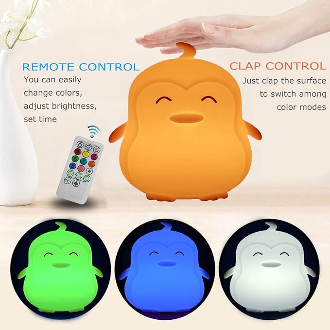 Large Penguin Night Lights for Babies Bedroom Light, lamp Kids, Toddler Nursery lamp Soft Decorative Lamps - Break Resistant, Eye Caring, Adjustable Brightness & Color, Time Setting - Large