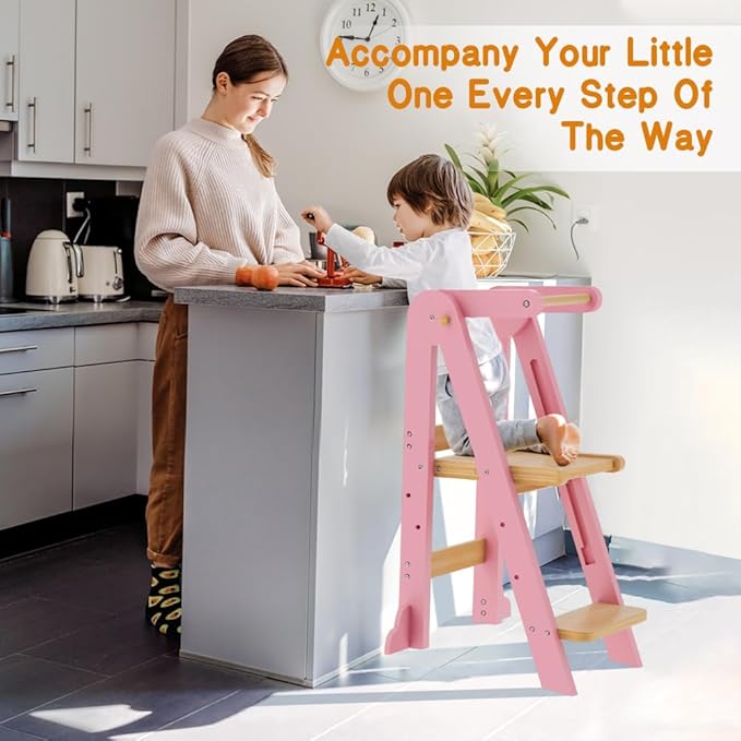Toddler Tower, Step Stool for Toddlers, Toddler Kitchen Stool Helper with 3 Adjustable Height Safty Rail and Anti-Tip Structure, Learning Tower for Toddlers Baby Kids