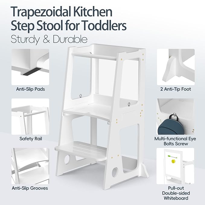 4 in 1 Kitchen Toddler Step Stool, Foldable Learning Toddler Standing Tower with Double-Sided Whiteboard, Wooden Kitchen Stool Helper for Kids 1.5 to 5 Years Old,Bathroom Sink Counter