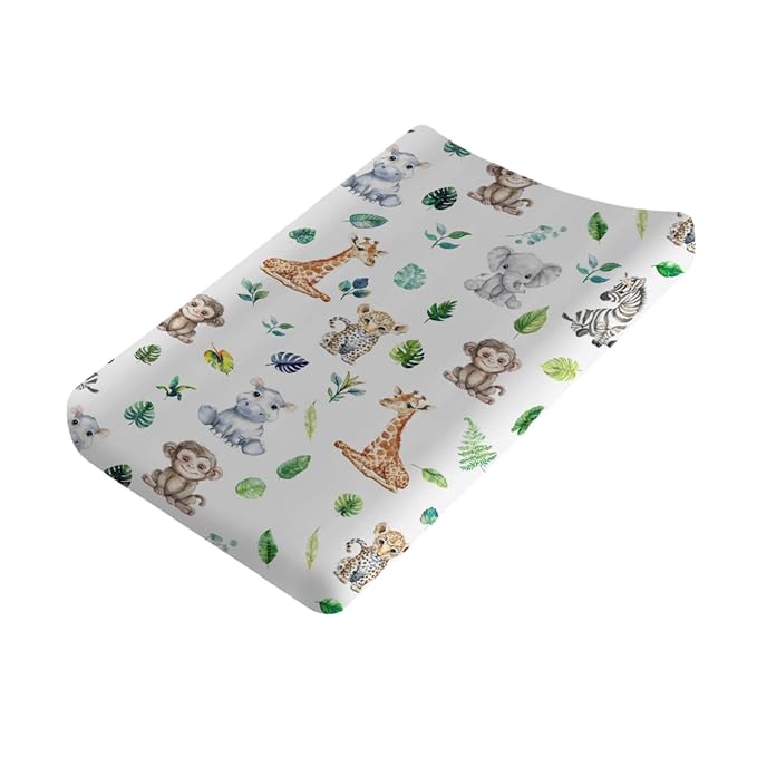 Jungle Safari Animals Tropical Leaves Changing Pad Covers Zoo Leopard Elephant Giraffe Zebra Hippo Monkey Baby Change Table Sheets for Boy Girl Soft Stretch Fitted Diaper Changing Pad Mats 32''x16''