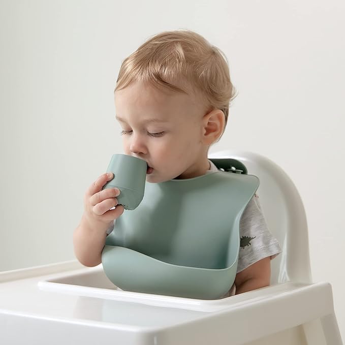 SAMiGO Silicone Baby Utensils - Self Feeding Spoons and Tiny Training Cup - First Stage Baby Led Weaning Supplies for 6 Months+ Infants - Set of 4