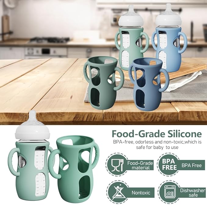 2 Pack Silicone Sleeves for Avent Natural Glass Bottles, Anti Breakage Baby Bottle Protector with Easy-Grip Handle, Compatible Philips Avent Glass Natural Bottle 8 oz, Not for Infant Use