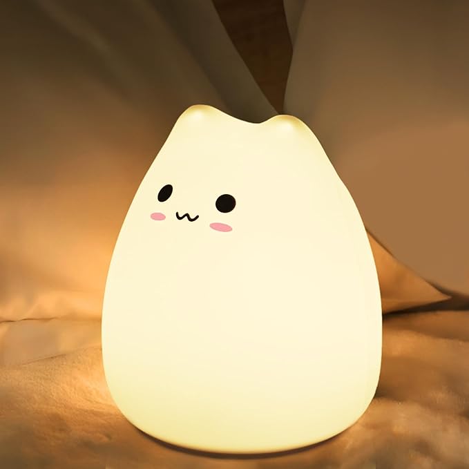 LED Cat Night Light, Battery Powered Night Light for Kids, Silicone Multicolor Cute Lamp with Warm White and 7-Color Breathing Mode, Christmas Gifts for Kids, Baby, Children, Lady (Cute Cat)