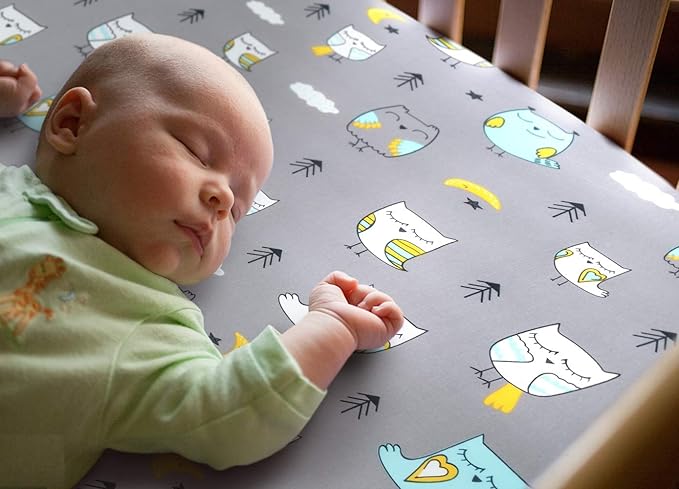 BROLEX Baby Fitted Crib Sheets: Kid Crib Sheets - Set of 2 for Toddler Standard Size Crib Mattress for Boys and Girls - Jersey Knit Crib Bed Sheets Owl Bear