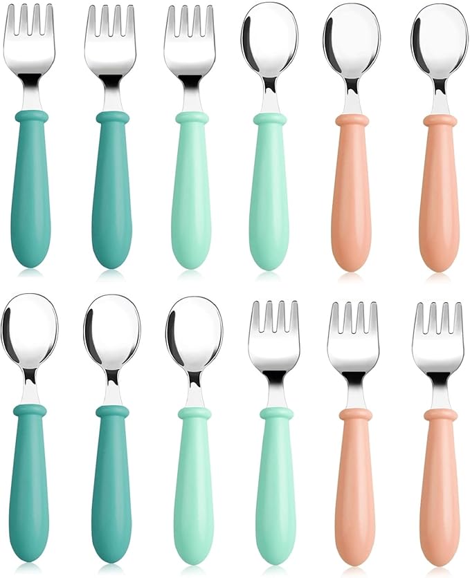 12 Pieces Toddler Utensils Toddler Forks and Spoons, Kids Silverware Stainless Steel Childrens Safe Cutlery Set for Self Feeding, Dishwasher Safe