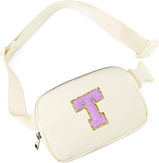 Gitus Gifts for 8 9 10 11 12 Year Old Girls Belt Bag Fanny Pack Crossbody Bags with Initial Letter Patch Cute Stuff Birthday Gifts for Teen Girls Women Personalized Trend Stuff (Ivory-T)