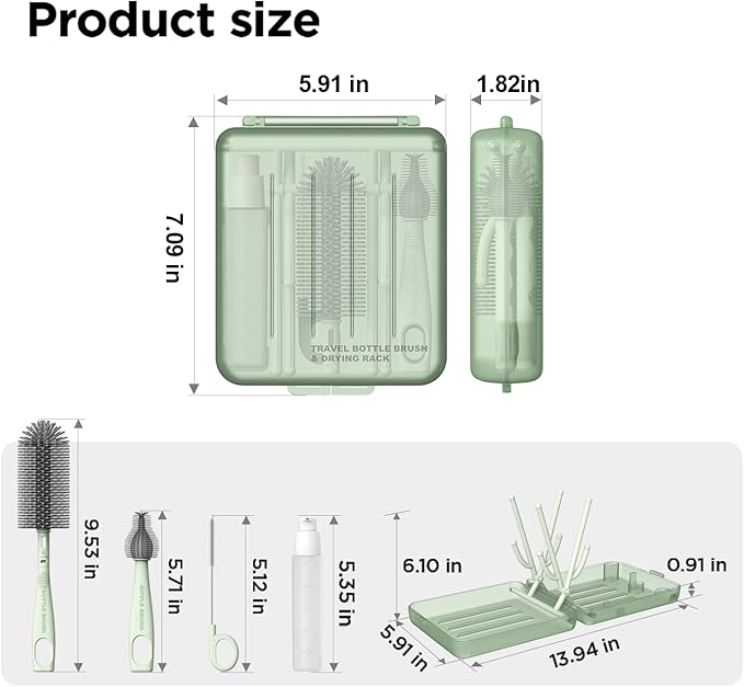 YOTIME Travel Bottle Brush Set, Auto-Open Rack & Vertical Brushs Drying Slots, 3 Brushes, Foldable Drying Rack, Dispenser, Travel Baby Essentials for On-The-Go Parents, Green