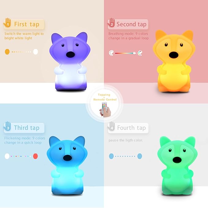 WHA&DARREN Fox Night Light for Kids, Portable, Baby Lights, Rechargeable Silicone Baby Night Light, Girls and Boys Animal Lamp, Kawaii Lamp