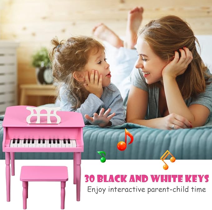 HONEY JOY Classical Kids Piano, 30-Key Mini Grand Piano with Music Stand and Bench, Wooden Musical Instrument Toy w/Lid & Music Rack, Gift for Boys Girls Ages 3+ (Pink)