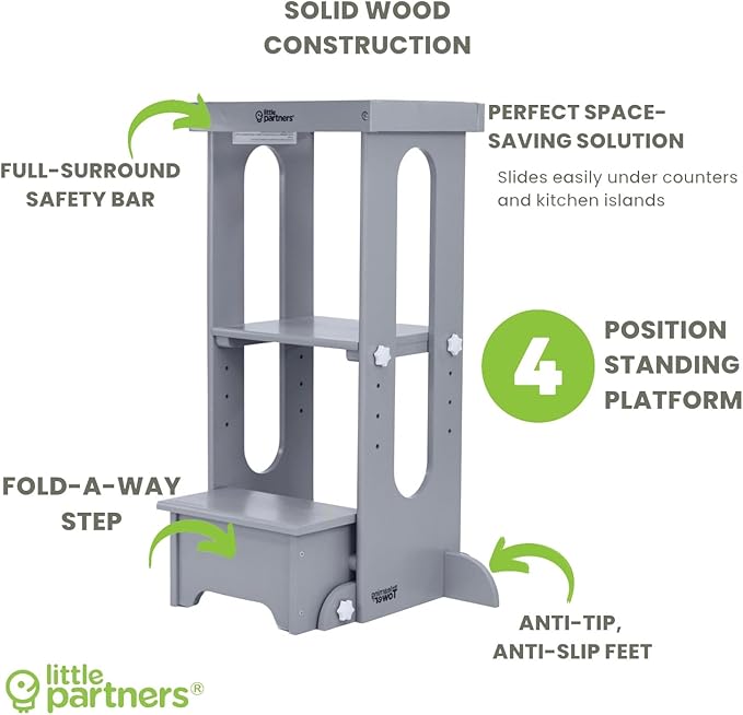 Little Partners Foldable Toddler Tower, Learning Tower Explore 'N Store Montessori Standing Kitchen Tower with Folding Step Stool Platform for Cooking and Learning, Ages 2+ (Silver Drop)