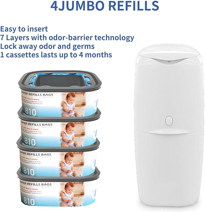 Jumbo Square Refills Disposal Bags Refill Compatible with Diaper Genie Compact and Select Pails(Not Fit Classic Version Pails),with Continuous Film,HoldUp to 810 Newborn-Sized Diapers Per Refill,4Pack