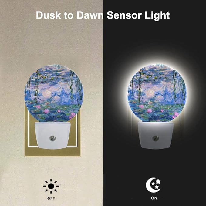 EKOBLA Summer Pond Flowers Night Light Monet Water Lilies French Impressionist Art Print Night Lights Plug into Wall for Girls Boys Room Nightlight Sleep Friendly