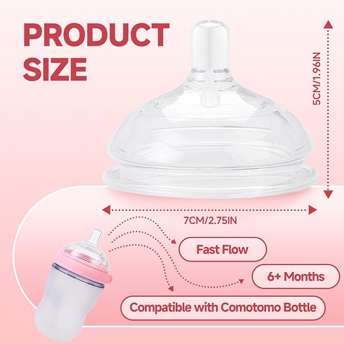 4 Pack Replacement Silicone Nipples Compatible with Comotomo 5oz / 8oz Bottle, Fast Flow, 6+ Months