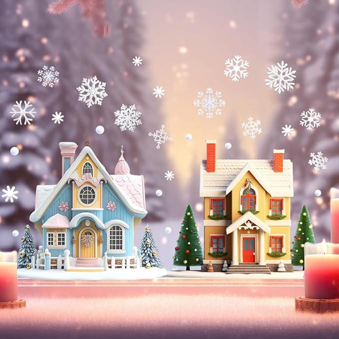 Fun Christmas Window Decor Set - Small House ＆ Snowflake Pattern Design Sided Printed Electrostatic Stickers - Removable, Safe for Home, Office, School Indoor Outside Use Shop Window Decoration