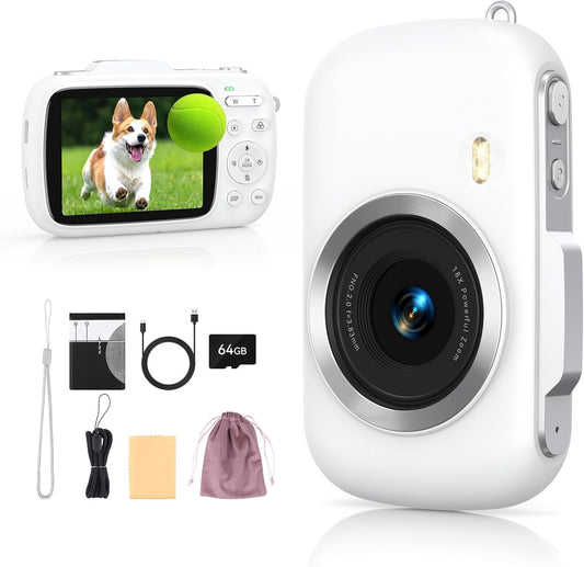 Digital Camera 4K 64MP - Vlogging Camera for Kids & Beginners | 18X Zoom Point and Shoot Camera Anti Shake, Compact with Flash, Gift for Boys Girls(White+Silver)