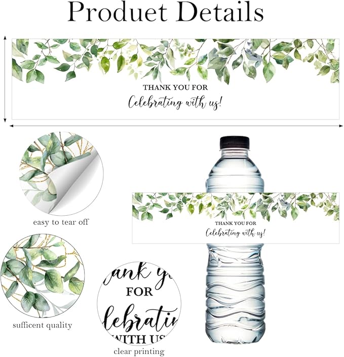 100PCS Wedding Water Bottle Labels Waterproof Greenery Floral Wraps Sticker for Water Bottle Baby Shower Bottle Label for Bridal Shower Party Thanks A10