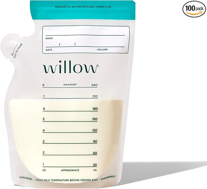 Willow - 8oz Breast Milk Storage Bags - 100ct - Double Zip Seal for Durability - Freezer & Fridge Breastmilk Storage - Easy Pour Spout for Bottle Transfer - BPA Free - Breastfeeding Essentials