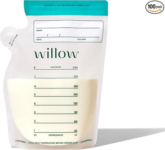 Willow - 8oz Breast Milk Storage Bags - 100ct - Double Zip Seal for Durability - Freezer & Fridge Breastmilk Storage - Easy Pour Spout for Bottle Transfer - BPA Free - Breastfeeding Essentials
