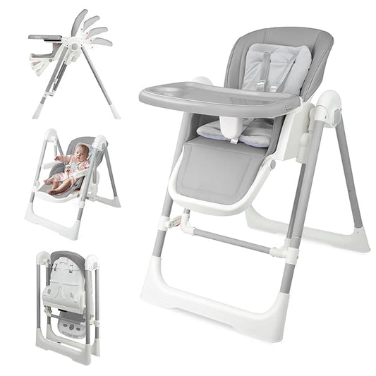 High Chairs for Babies and Toddlers Foldable High Chair Adjustable with Reclining Seat & Leg Rest, 3-in-1 Convertible Baby Swings with Tool-Free Assembly (Grey)