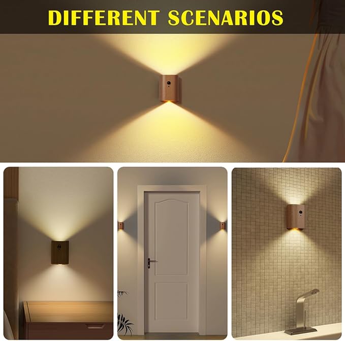LANDGOO Wooden LED Step Lights Wall Lamp, 2700-3000K Motion Sensor Night Lights, Rechargeable Stair Lights for Hallway Indoor Lighting(White Ash Wood 2PCS)