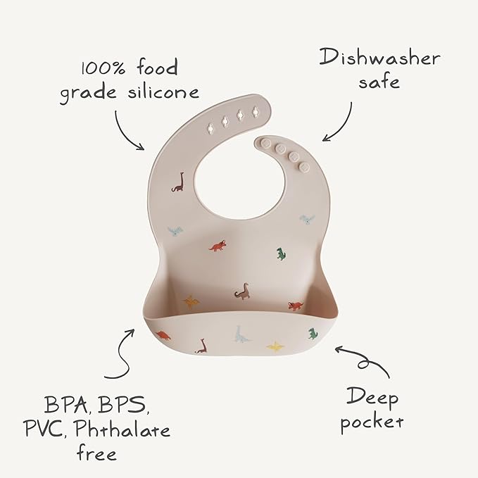 mushie Silicone Baby Bib | Adjustable Fit Waterproof Bibs (Dinosaurs)