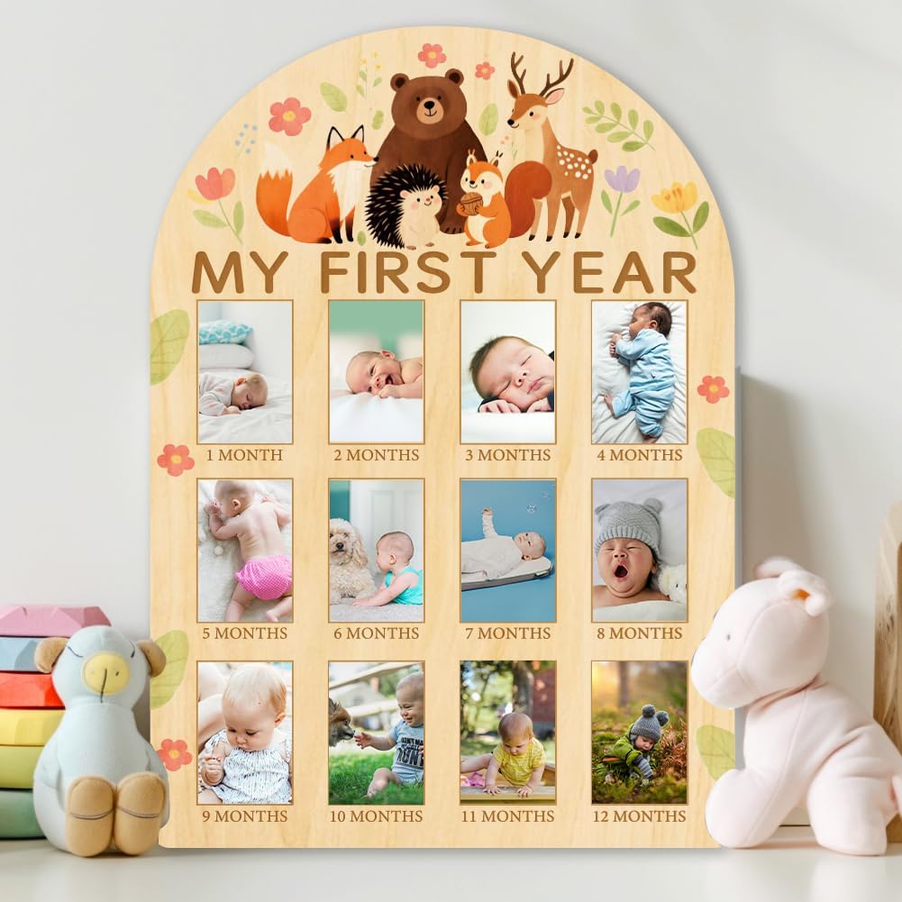 ORIGACH My First Year Baby Growth Photo Display Wood Board - 12 Months Newborn Milestones Photo Board - Neutral Baby Keepsake Frame 1st Birthday Party Nursery Decor New Mom Gift - Forest Animals