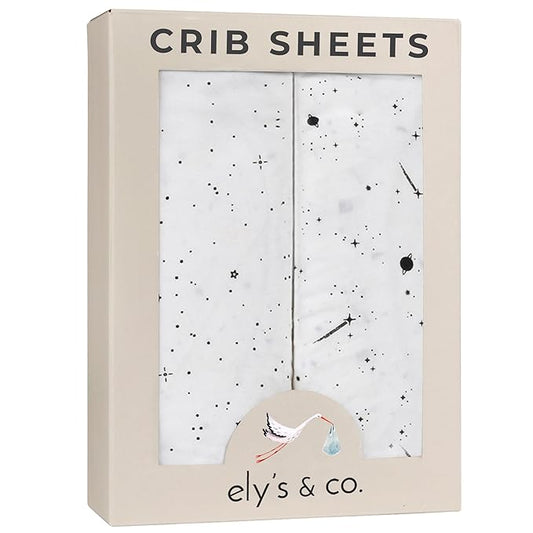Ely’s & Co. Crib Sheets, Baby Girl/Boy Fitted Crib Mattress Sheet Set, 2 Pack, 100% Jersey Knit Cotton, Infant and Toddler Nursery Bedding, Black and White Celestial Print, 28” x 52”