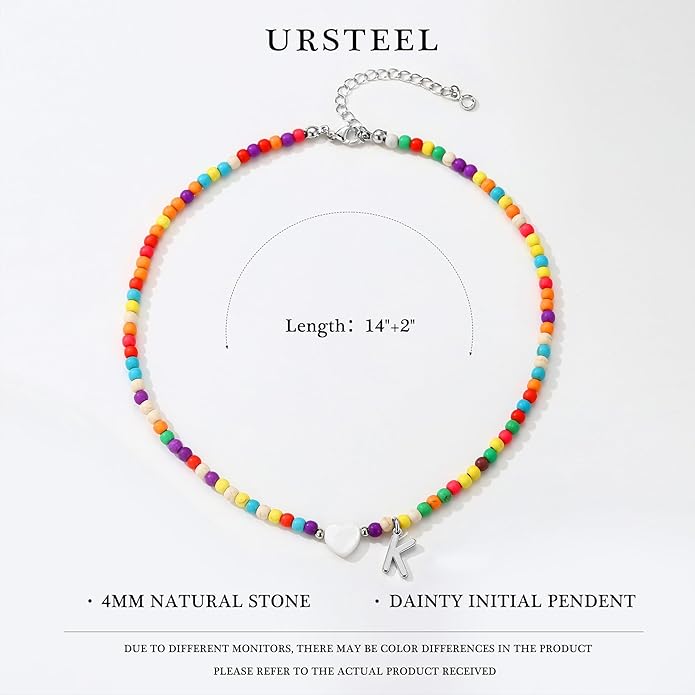 Ursteel Colorful Initial Cute Necklaces for Girls - Trendy Beaded Choker Necklace for Women Teen Girl, Personalized Letter Initial Gifts for Women Kids Jewelry