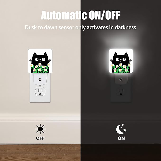 Cat Kitten Daisy Night Light, Camomile Bouquet Plug into Wall with Dusk to Dawn Light Sensors, Warm Nightlights for Bedroom, Bathroom, Hallway, Kitchen, Gifts Ideal for Women Men
