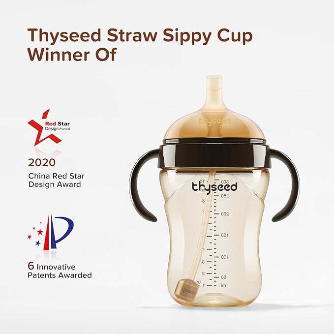 thyseed PPSU Weighted Straw Cup with Handles Toddlers Transition Bottles to Sippy Cups No Spill Learner Milk Water Baby Bottle Soft Silicone Spout Dishwasher Safe BPA Free 6+ Months 10oz/300mL 2 Pack