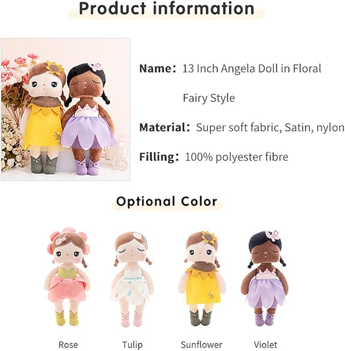 13" Exclusive New MeToo Princess Doll - Cute Flower Fairy Plush, Soft Baby Girl Gifts, Non-Toxic Skin-Friendly PP Cotton Stuffed Angela (Rose)