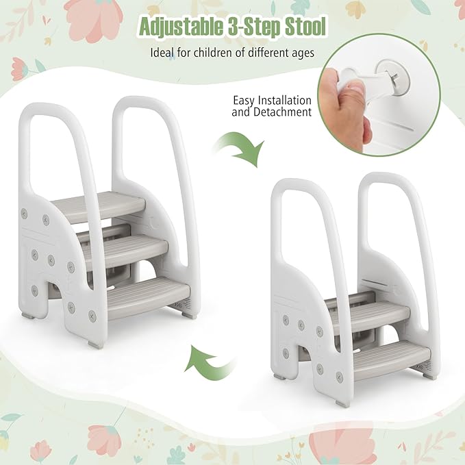 HONEY JOY Kitchen Step Stool for Toddlers, Children Plastic Tower Helper w/Handrails for Bathroom Sink, Toilet Potty Training, Adjustable 3 Step Kids Learning Standing Tower for Kitchen Counter(Gray)