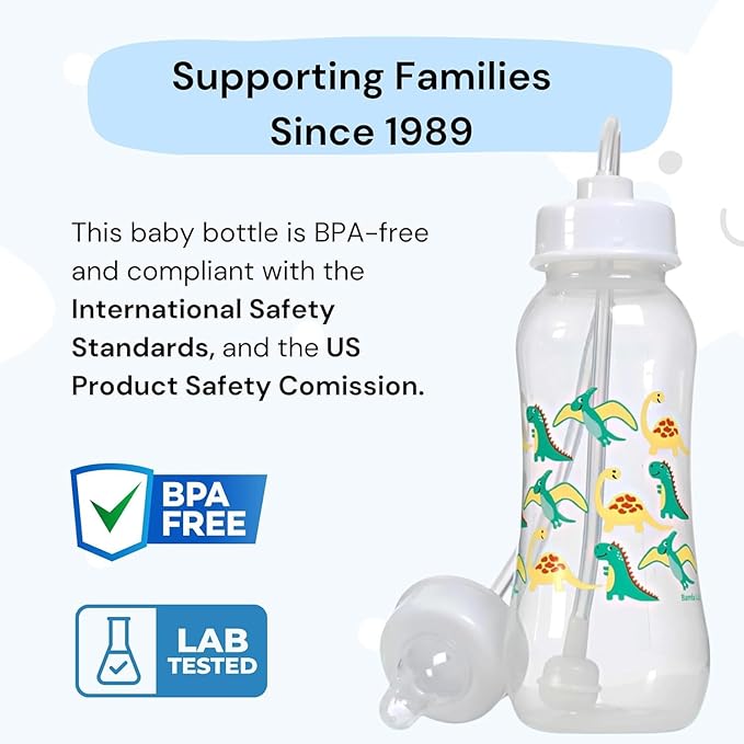 Hands-Free Baby Bottle - Anti-Colic Nursing System 9 oz Baby Bottle with Fast Flow Nipple/Teat 3m+ Infant with Tube Straw Feeding System for Toddler (2 Bottles - Dinosaur)
