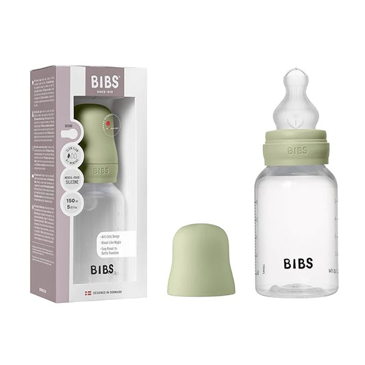 BIBS Baby Bottle 5 oz / 150 ml Silicone Nipple - Anti-Colic, BPA-Free, Round Nipple, Slow Flow, Lightweight & Easy to Clean, Suitable for Newborns 0+ Years - Sage