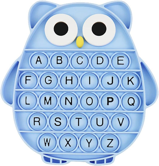 Push Pop Bubble Fidget Sensory Toy, Silicone Stress Relief Popping Toy, ABC Alphabet Owl Shaped Educational Learning Tools for Toddlers Kids Students (Black Letters-Blue)