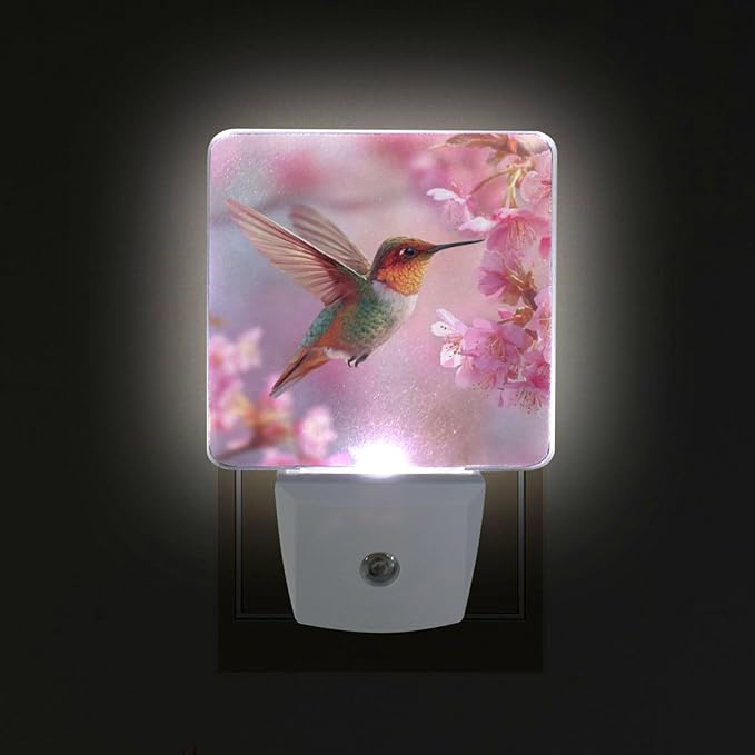 Aslsiy Night Light for Kids Hummingbird Hovering Near Blooming Cherry Flower Plug in Wall Lamp LED Dusk to Dawn Sensor Energy Saving Nightlight for Boys Girls Men Women