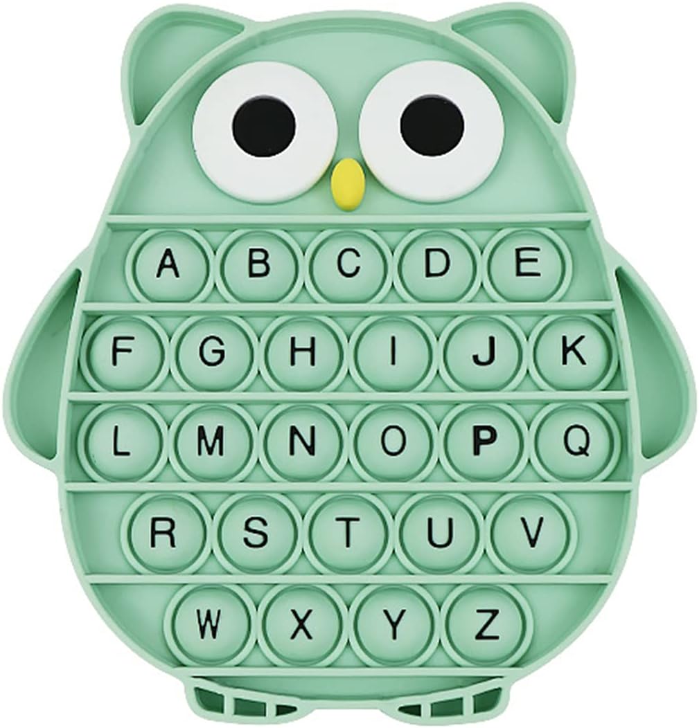 Push Pop Bubble Fidget Sensory Toy, Silicone Stress Relief Popping Toy, ABC Alphabet Owl Shaped Educational Learning Tools for Toddlers Kids Students (Black Letters-Green)