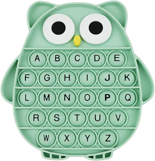 Push Pop Bubble Fidget Sensory Toy, Silicone Stress Relief Popping Toy, ABC Alphabet Owl Shaped Educational Learning Tools for Toddlers Kids Students (Black Letters-Green)