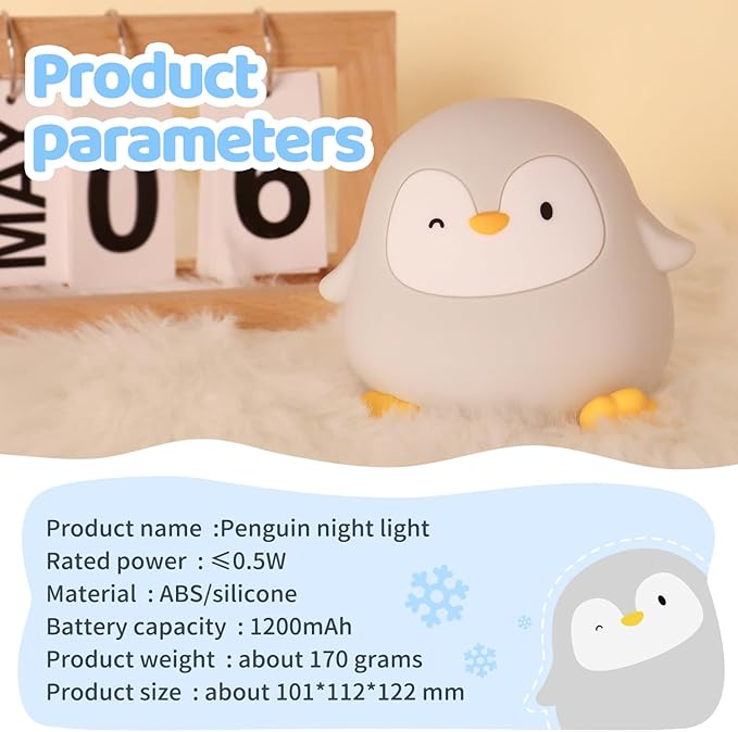 Squishy Penguin Silicone Night Light for Kids - USB Rechargeable LED Lamp with Soft Touch, Long Lasting Battery & Touch Control - Cute Penguin Light for Kids Room, Decor & Gifts