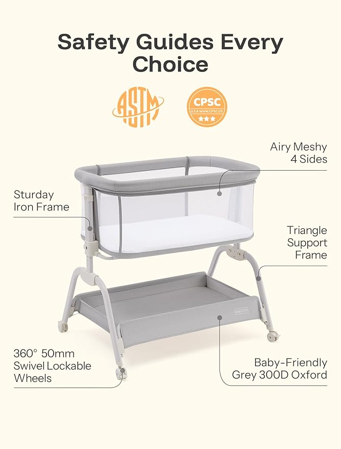 HARPPA Cuddly Bassinet, 2 in 1 Baby Bassinet with Breathable Mesh and Mattress, 6 Height Adjustable, Bedside Sleeper with Anchor Strap, Storage Basket and Wheels