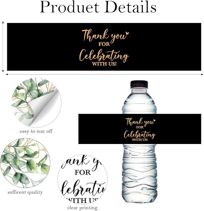 100PCS Wedding Water Bottle Labels Waterproof Greenery Floral Wraps Sticker for Water Bottle Baby Shower Bottle Label for Bridal Shower Party Thanks（Black）