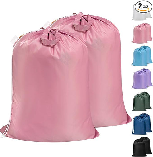 Polecasa Heavy Duty Large Laundry Bag with 130gsm Tear Resistant Fabric and Handles, Easy to Carry Durable Dirty Clothes Drawstring Bag, Perfect for College Dorm, Travel, 2 Pack 28”x36”, Pink