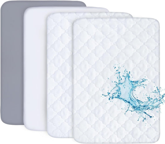 Pack and Play Sheets and Waterproof Pack n Play Mattress Protector Pad Cover 4 Pack Set, Ultra Soft Pack n Play Mattresses Sheets Compatible with Graco Pack n Play, Grey&White